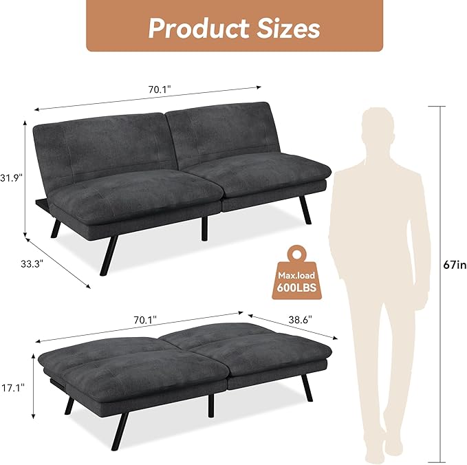 Futon Sofa Bed Convertible Couch Black Linen Sofa Bed with Adjustable Backrest Multifunctional Small Loveseat Sleeper Sofa for Living Room Apartment Office