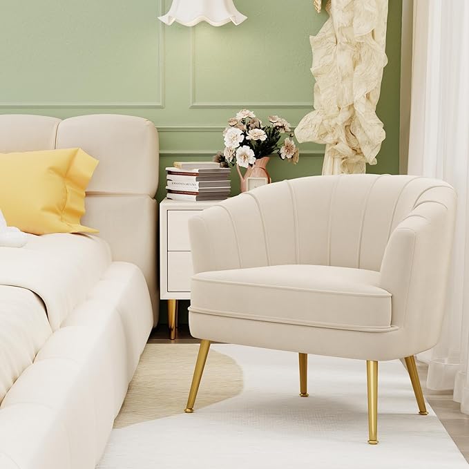 Velvet Accent Chairs for Living Room Bedroom Office Leisure Upholstered Single Sofa Chair Arm Chair Comfy Chair Reading Club Coffee Chair with Metal Legs Beige