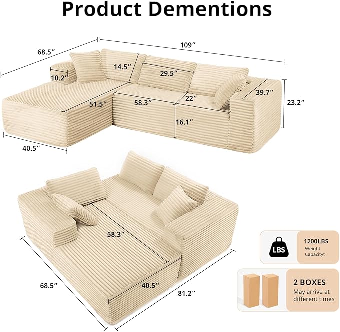 LUCKLIFE Modular Sectional Couch with L-Shape ChaiseCorduroy Upholstery Boneless Couches for Living RoomOversized Sleeper SofaNo Assembly Required (Beige L Shape with Left Facing Chaise)