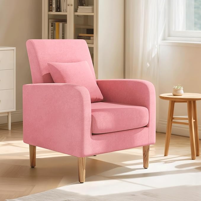 Magshion Mid-Century Accent Chair for Living Room Comfy Reading Chair for Bedroom Upholstered Linen Fabric Armchair Single Sofa with Back Pillow &amp Wood Legs 300 lbs Capacity Pink