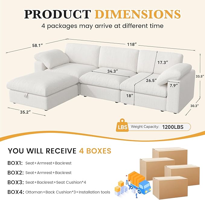 118 Oversized Modular Sectional Sofa L Shaped 3 Seaters with Storage Ottoman Cloud Couch Sofa Set Modern Convertible Chenille Deep Seat Sectional Couches for Living Room White 1 PCS