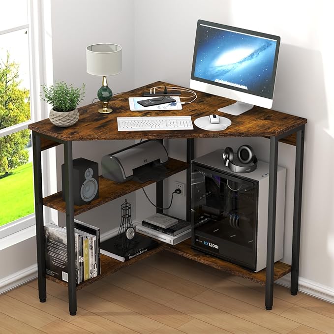 Auromie Corner Desk with Outlets &amp USB Ports 90 Degree Triangle Corner Table with CPU Stand &amp Storage Shelves for Small Space Computer Table with Charging Station for Home Office Bedroom (Ru