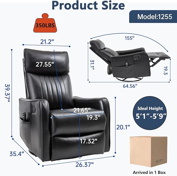 Massage Recliner Chair with Heat Slim Recliners for for Adults Swivel Rocking Chair Recliner with High Back Small Recliner Chair for Small Spaces Living Room Adjustable Footrest (Black)