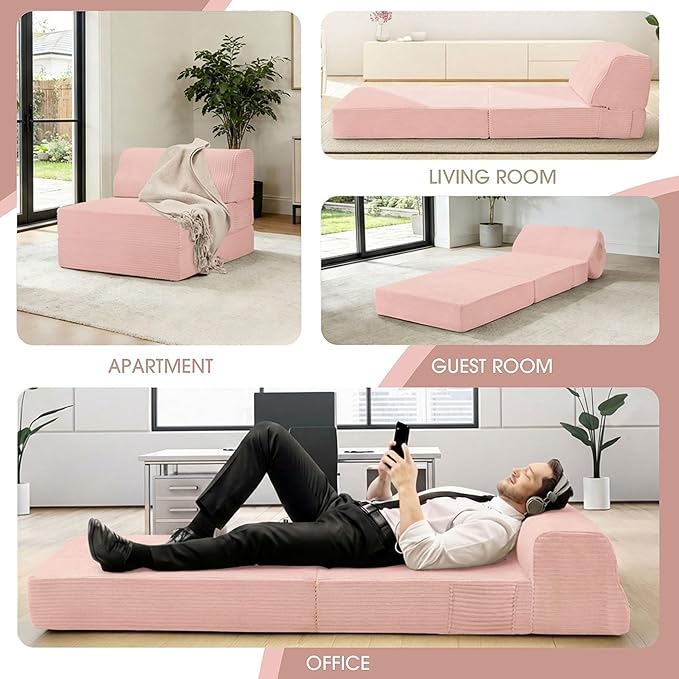 Folding Sofa Bed with Pillow Memory Foam Fold Out Chair Bed Convertible Sleeper Chair with Washable Cover Futon Floor Couch for Living Room/Dorm/Guest Use/Home Office/ApartmentPink