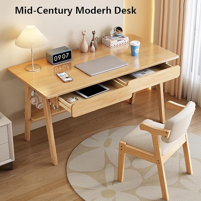 Solid Wood Writing Desk Mid-Century Modern Desk with 2 Drawers and Storage Shelf Home Office Computer Desk Easy Assembly(39inches Natural)