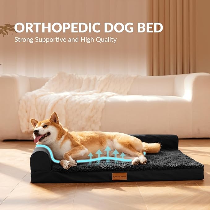 Patas Lague Orthopedic Dog Bed Large Sized Dog 36''X24'' Waterproof L Bolster Medium Pet Sofa Beds with Removable Washable Cover Soft Comfortable Pet Couch Crate Mat with Nonskid Bottom Black