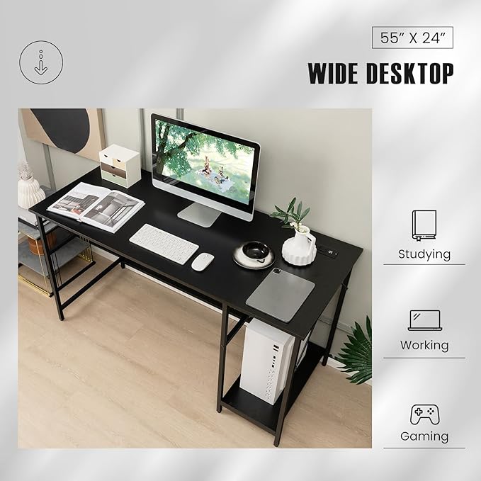 Tangkula 55 Inch Computer Desk with Power Outlets &amp USB Ports Home Office Desk with Built in Charging Station with Switch Computer Workstation Writing Study Desk with Storage Shelf &amp CPU Sta