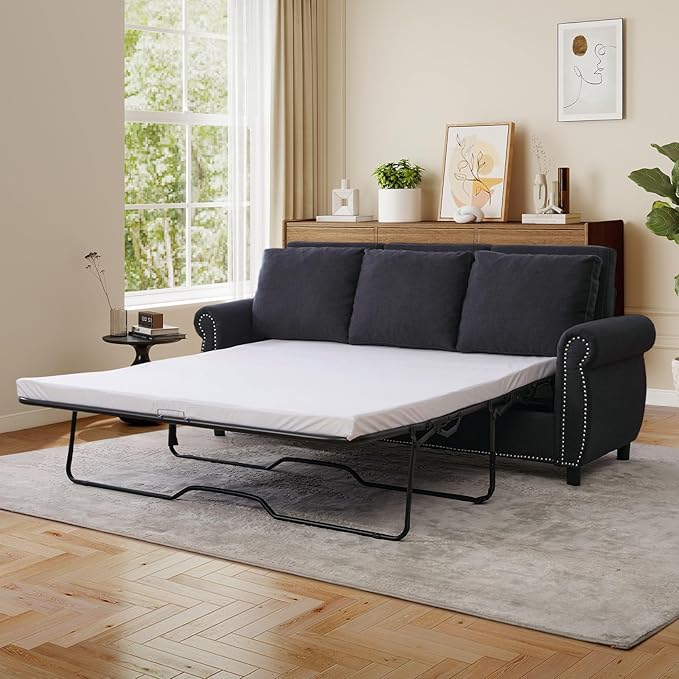 Queen Size Pull Out Sofa Bed 3 in 1 Linen Convertible 3-Seater Sleeper Sofa Bed with Memory Form Mattress Pull Out Couch with Nailhead Trim &amp Roll Arms for Living Room Bedroom Small Space(Grey