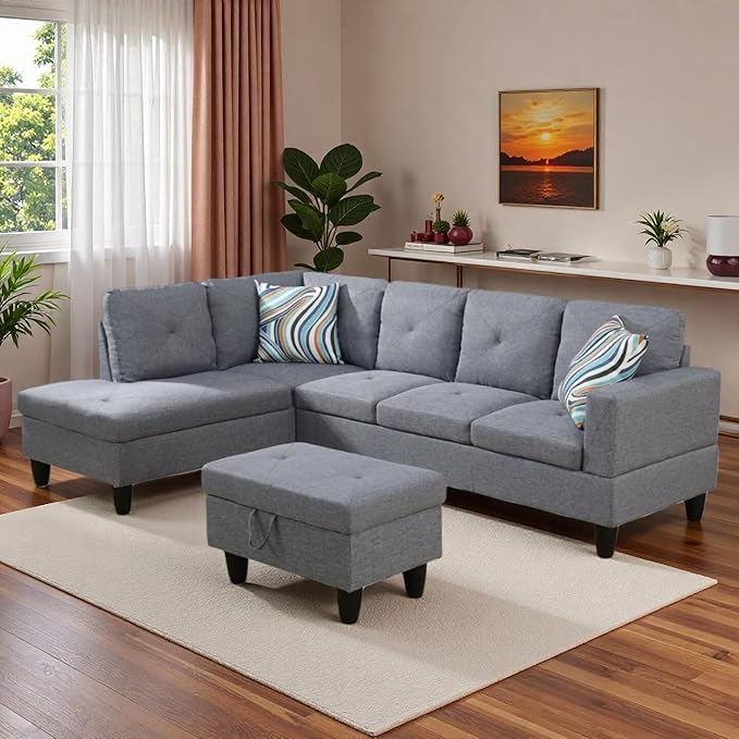 L-Shaped Sectional Sofa with Movable Chaise &amp Storage Ottoman Lounge 3-Piece Modular Convertible Couches for Living Room Apartment &amp Office Grey