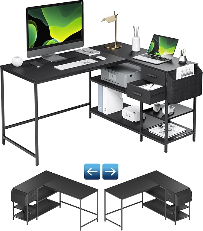 Techni Mobili Modern L-Shaped Desk with Storage Corner Computer Desk for Home &amp Office with 2 Drawers Open Storage Shelves Fabric Organizer &amp Sturdy Metal Frame Black