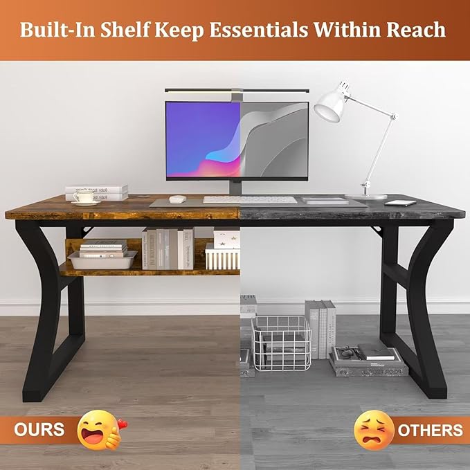 Computer Desk 55Inch Computer Desk w/Storage Shelves Home Office Desks w/U Shaped Metal Frame Study Writing Desk w/Cable Management Deeper &amp Thicker Desktop Table for Home Office