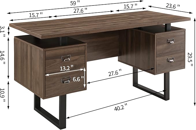 Computer Desk with 4 Drawers for Files Organization 59 Large Home Office Desk with Storage Shelves Industrial Study Writing Table Workstation for Home Office Study Room Dedroom Walnut
