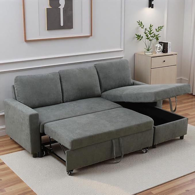 83 Inch Pull Out Couch Convertible Sofa Bed for Living Room Comfortable Sleeper Sofa with Pull Out Bed Modern Sectional Couches with Storage Chaise Easy Assembly for Apartment Dark Grey