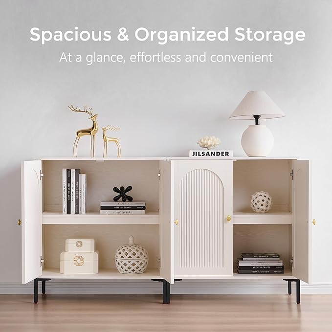 Modern TV Stands for 85 Inch TVs 123.5‬W Wood Entertainment Center w/Adjustable Shelves Mid Century Modern TV Stand w/Arched Fluted Doors Media Console Cabinet for Living Room White