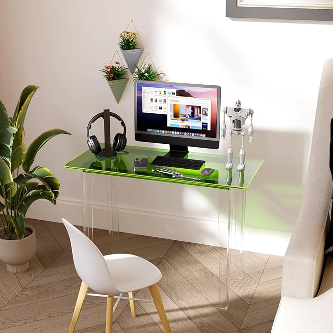 Modern Acrylic Desk for Home Office - Multi-Purpose Study Table with Extended Surface Sturdy Lightweight Design Transparent Green Console &amp Entryway Table (42.5 Inch)
