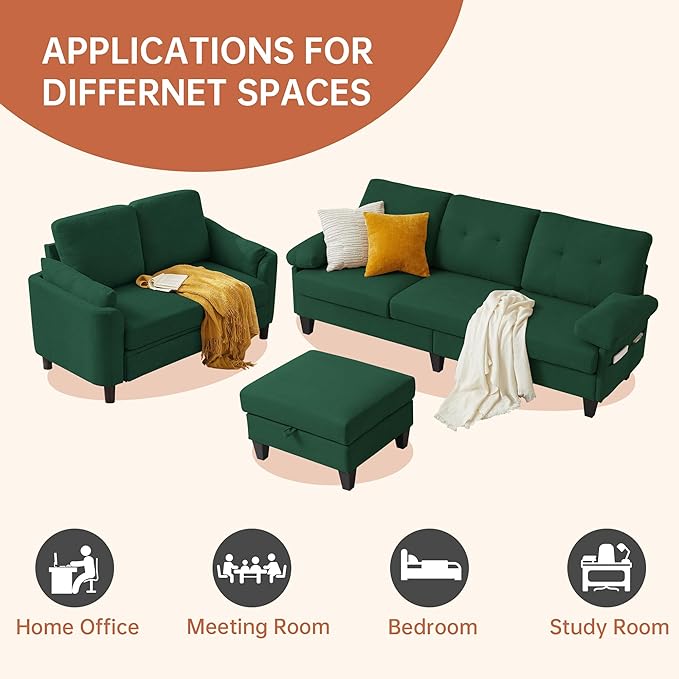 2 Pieces Sectional Sofa Set 79 3-Seat L Shaped Couches with Storage Ottoman and 59 Loveseat Sofa Set Polyester Fabric for Living Room Small Spaces Green