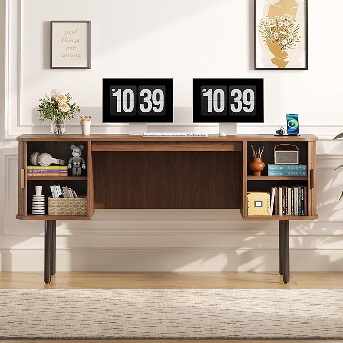 ONBRILL 63 Inch Fluted Computer Desk with Charging Station Mid Century Executive Desk with 2 Storage Cabinets Modern Home Office Large Desk with Metal Legs for Working Studying Writing Walnut