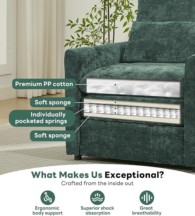 Tbfit Living Room Arm Chair Set 2-Pack Modern Accent Chairs Cloud Single Sofa Spring Seat Cushion Comfy Lumber Pillow Soft Upholstered Furniture Home Apartment Green