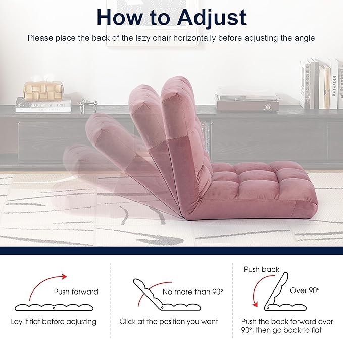 Floor Chair 24 inches Wide Oversized Velvet Armless Lay Flat Floor seat Padded Meditation Chair with 6 Adjustable Position Ergonomic Comfortable Convenient(LRSF-008-PINK)