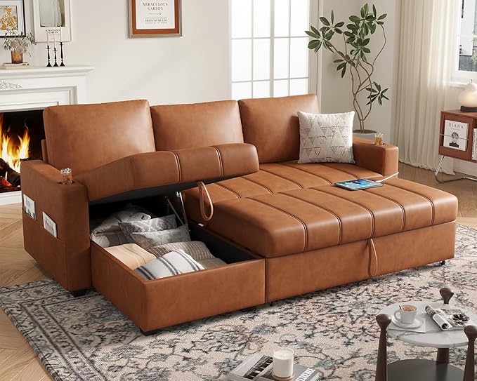 Fadware 89” L Shape Sofa Sleeper Sectional Sofa Bed with Hidden Storage&amp Side Pocket Anti-scratch Faux Leather Couch Bed with ChargePort&amp CupHolder Modern Piano Design Pull Out Couch for Li