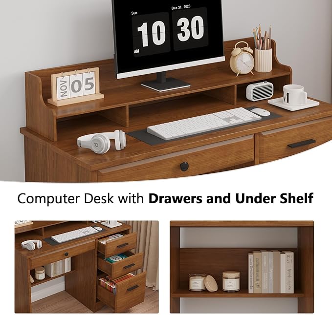 4 EVER WINNER Computer Desk with Drawers for Small Spaces Wood Desk with File Cabinet &amp Monitor Stand Office Desks Writing Study Table for Bedroom Brown