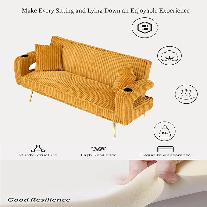 73 Convertible Futon Sofa BedModern Corduroy Sleeper Couch with 3 Reclining BackrestsGolden Chrome LegsComfy Cloud Sofa Loveseat for Small Living Room Bedroom Office (Yellow)