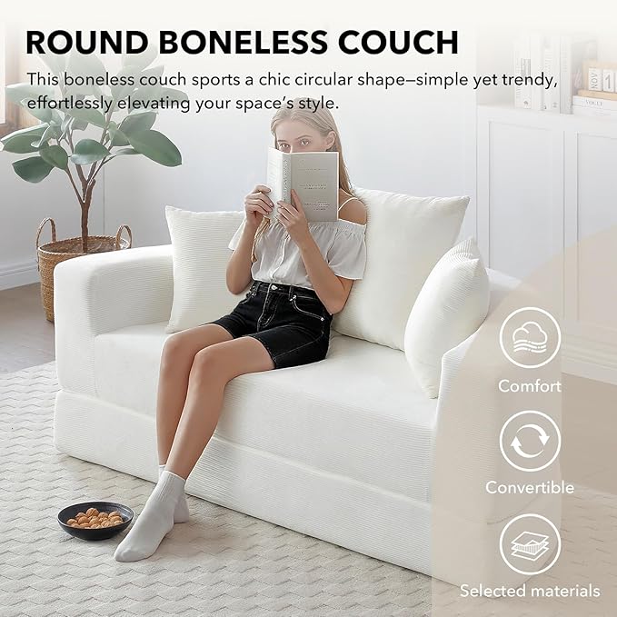 Round Boneless Couch Corduroy Upholstered Folding Convertible Sofa Bed with Pillows 2-in-1 Futon Sofa Bed with Half-Circle Design Comfy Loveseat for Living Room Apartment (Beige)