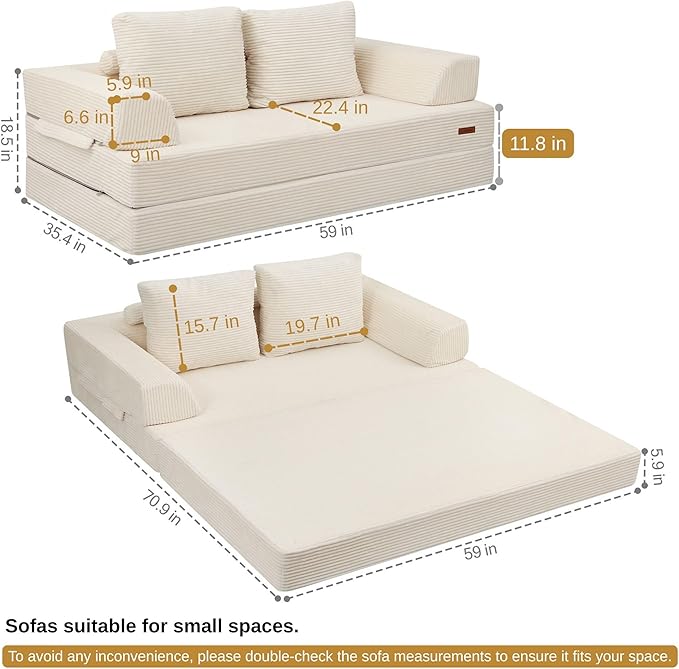 COMAX Convertible Sofa Bed Folding Floor Couch Corduroy Fold Out Couch Bed Futon Sleeper Mattress with Pillows Boneless Sofa Comfy Lounge Loveseat for Living Room Bedroom Beige