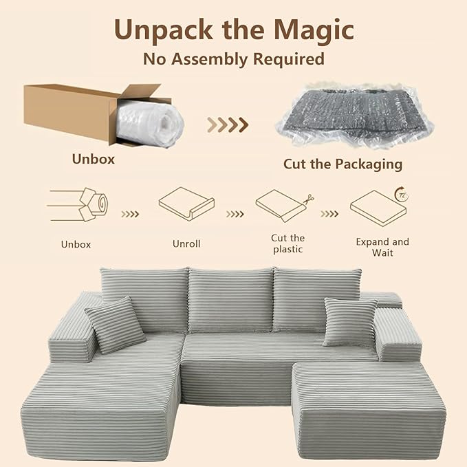 107 Modular Sectional Sofa with Ottoman Modern Corduroy Cloud Couch with Deep Seat Boneless Couch Upholstered 3-Seater U-Shaped Sofa for Living Room No Assembly (Grey Left-Facing Chaise)