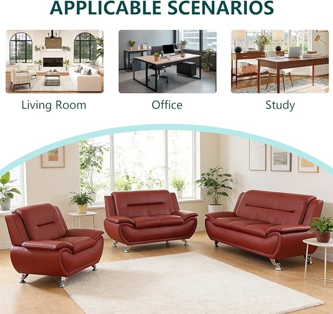 3 Piece Living Room Furniture Sets Faux Leather Sofa Set Modern Sofa Couches with Sturdy Legs Office Sectional Sofa Set Easy Clean Loveseat Couch Chair for Living Room/Bedroom/Office Red