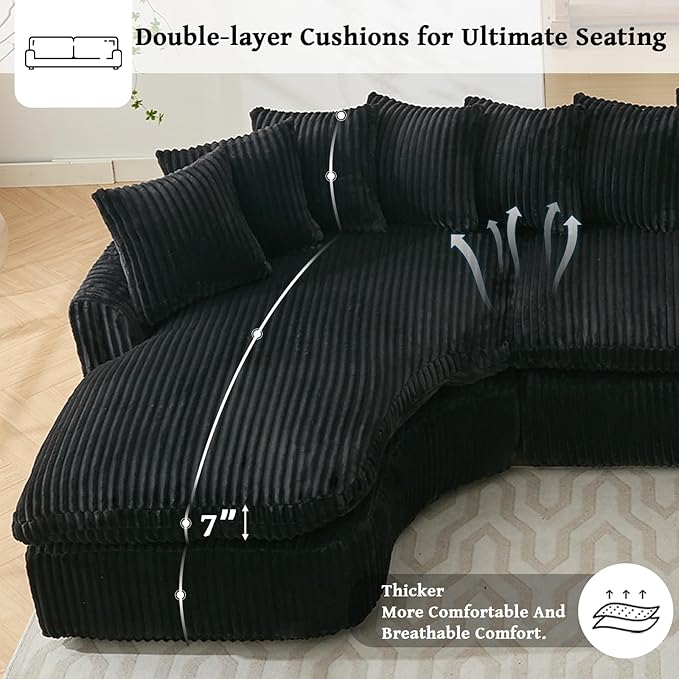 129 Oversized L-Shaped Sectional Couch Corduroy Upholstery Boneless Couch with 10 Pillows Modern Cloud Sofa Black Couches for Living Room Soft Deep Seat Sponge Sofa No Assembly