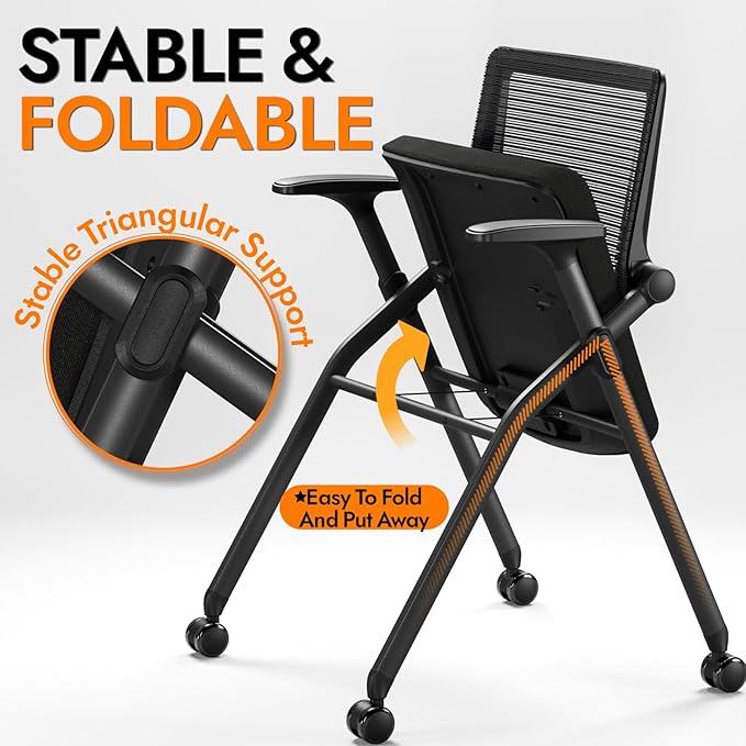 FYLICA Foldable Office Chair with PU Wheels and Smooth Armrest-Ergonomic Mesh Bouncing Back Stackable Conference Room Chair Office Guest &amp Reception &amp Meeting Chair (Black)