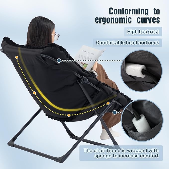 HollyHOME X-Large Saucer Chair with Foldable Ottoman Comfy Oversized Folding Chair and Folding Footrest Stool Set Faux-Fur Reading Chair and Footstool for Living Room Bedroom Black Chair&ampStool