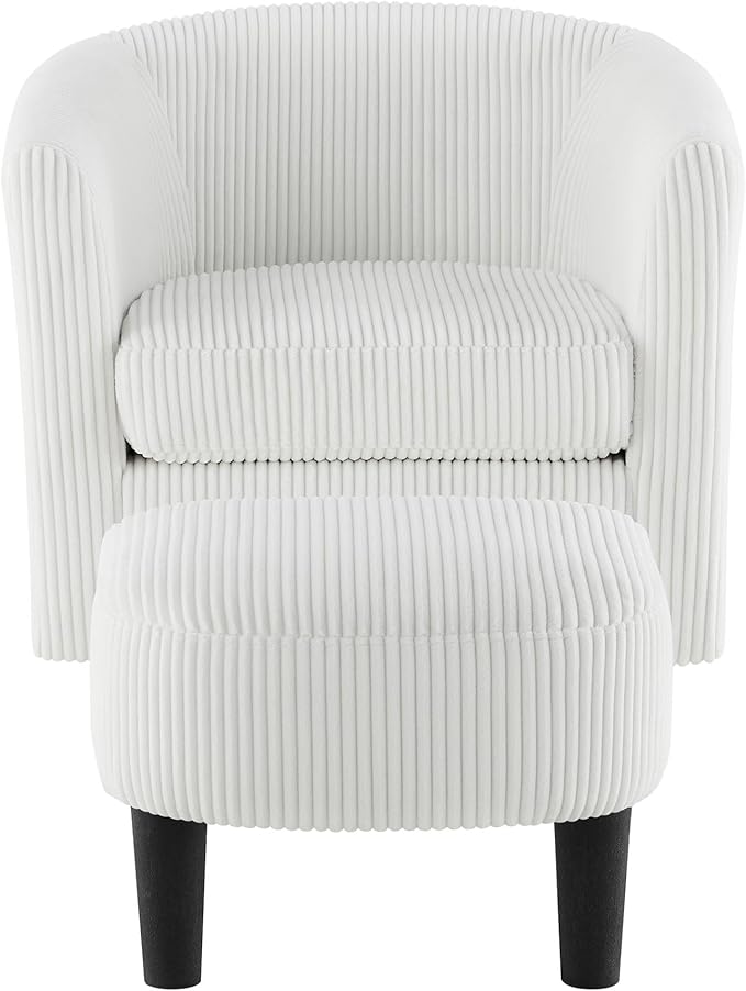 Boucle Swivel Barrel Chair with Ottoman White Sherpa Accent Chair with Curved Backrest &amp Pillow Comfy Upholstered Armchair for Living Room Bedroom Reading Spaces (White)
