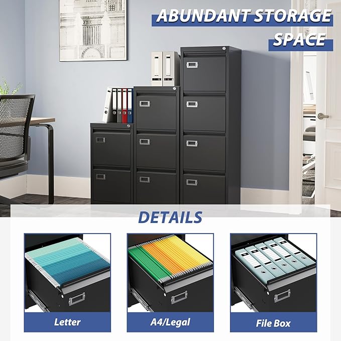 4 Drawer File Cabinet Filing Cabinets for Home Office Metal Vertical File Storage Cabinet with Lock Locking File Cabinet for A4 Legal/Letter 15 W x 17.7 D x 50.1 H Assembly Required