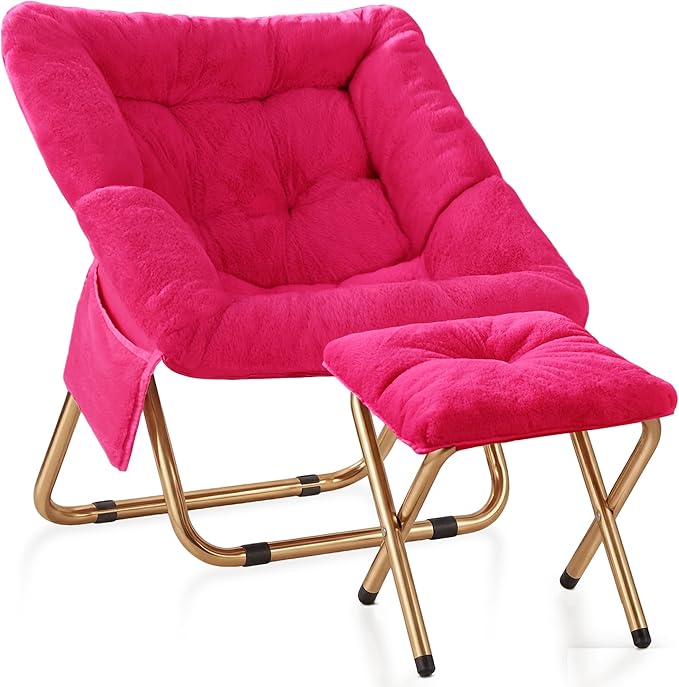 Comfy Saucer Chair Foldable Living Room Chairs Soft Faux Fur Lounge Chair for Bedroom Reading Chairs for Adults Teens X-Large (Hot Pink)