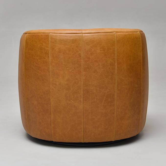 KINWELL 33'' W 100% Top Grain Genuine Leather Swivel Barrel Armchair No Assembly Round Upholstered Leather Swivel Accent Chairs with Toss Pillow for Living Room Office Lounge Camel