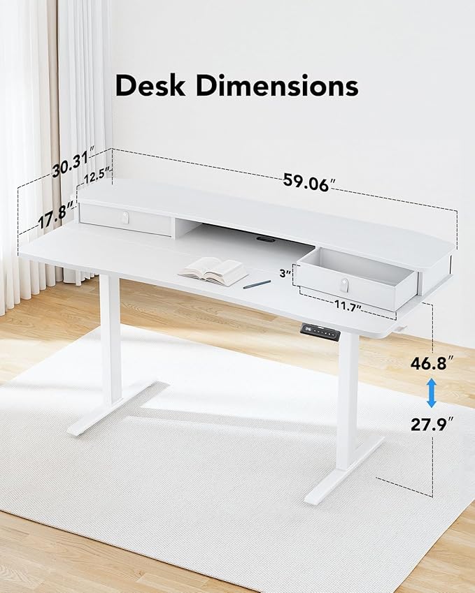 HUANUO 60″ x 30″ Electric Standing Desk with 2 Drawers C-Clamp Mount Compatible Height Adjustable Computer Desk Home Office Stand Up Desk with 4 Preset Heights &amp 2 Hooks White