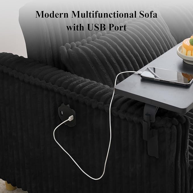 3 in 1 Pull Out CouchCorduroy Upholstered Convertible Sleeper Sofa Bed with Movable Side Table Modern Multifunctional Sofa with USB Port Cushioned Couch for Living Room (Black)