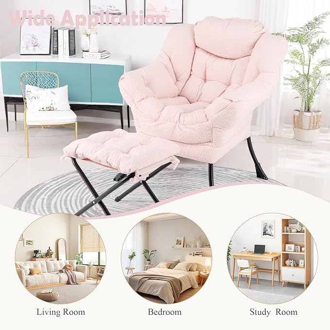 GORELAX Lazy Chair with Ottoman Modern Accent Chair w/Armrests &amp Side Pocket Upholstered Lounge Sofa Chair &amp Folding Footstool Set Reading Chair for Bedroom Living Room Dorm Room (Plush P