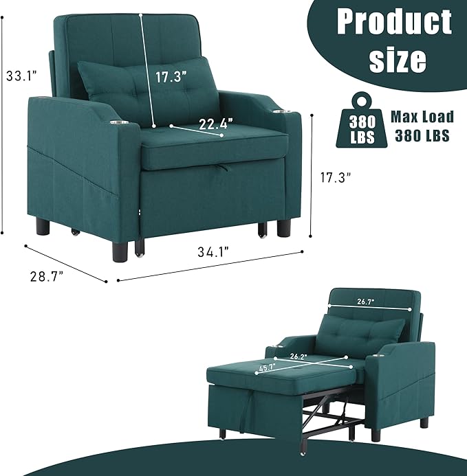 Sleeper Chair 5-in-1 Convertible Chair Bed Pull Out Adjustable Single Armchair Sofa Bed with USB PortsSide PocketCup Holder (Green)