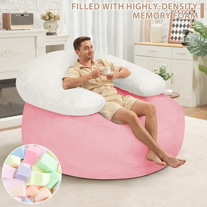 HABUTWAY Giant Bean Bag Chair Oversized Beanbag Chair with Filler Ultra Soft Faux Fur Bean Bag Lounge Floor Sofa w/U-Shaped Pillow for Gaming Reading Pink &amp Beige