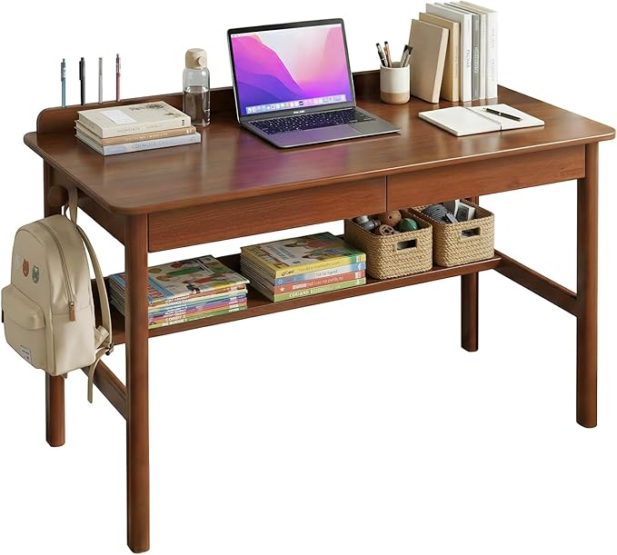 Solid Wood Study Desk &amp Home Office Writing Table with Drawers 47 Vintage Mid Century Modern Computer Desk Home Office Workstation for Bedroom Small Spaces Apartment(Walnut47.2 Inch Wide)