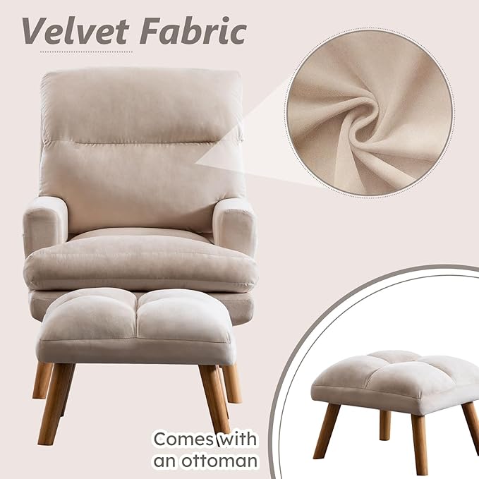 Accent Chair with Ottoman Comfy Reading Chair Armchair with Adjustable Backrest and Side Pockets Soft Fabric Leisure Sofa for Bedroom Living Room Dorm Rooms Garden Beige