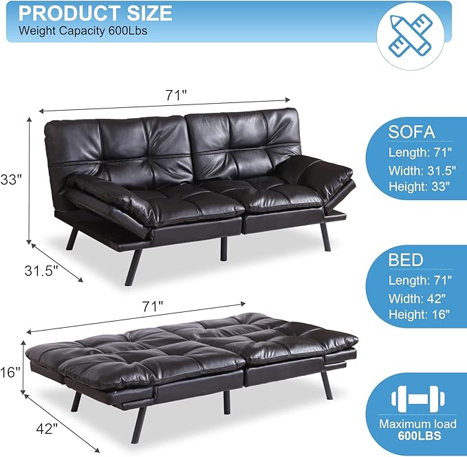 MUUEGM Futon Sofa Bed Couch Sofa Memory Foam Futon Sleeper Sofa Loveseat Convertible Couch Bed for Small Compact Spaces Apartment Black