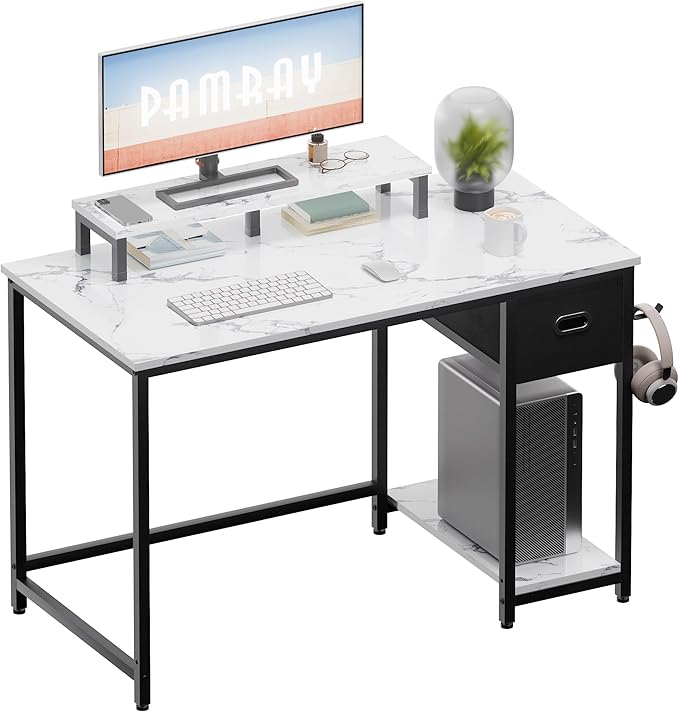 Pamray 39 Inch Computer Desk with Monitor Stand Small Home Office Desks with Non-Woven Storage Drawer for Bedroom Study Table Writing and Work Desk White Marble