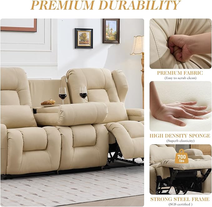 Loveseat Recliner Sofa with Flip Middle Seat3 Seater Reclining Couch Wall Hugger Recliners for Small SpacesFabric Manual 3 Seater Sofa Recliner with Cup Holders/Lumbar PillowsRV FurnitureBeige