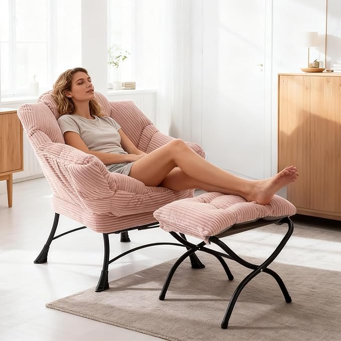 Large Lazy Chair and Ottoman for Adults Accent Chair Oversized Lounge Armchair with Side Pocket &amp Footrest Comfy Reading Chair Leisure Sofa for Bedroom Living Room Office (Corduroy Pink Sing