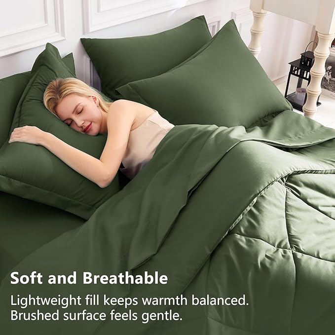 CozyLux Queen Comforter Set Olive Green - Bed in a Bag Queen Size 7 Pieces Luxury Soft Bed Set for All Seasons Bedding Set with Down Alternative Comforter Sheets Pillowcases &amp Shams