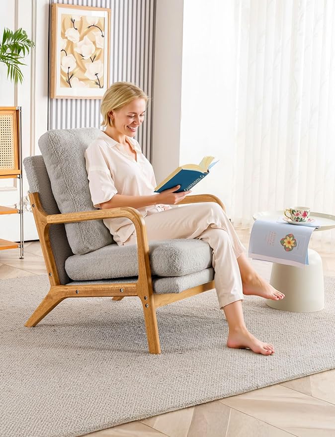 Mid Century Modern Accent Chairs for Living Room 23” Wide Comfy Chair for Bedroom Small Cozy Sherpa Reading Chairs for Adults 108° Lounge Arm Chair Indoor with Detachable Cover 5.5 Foam Cushion